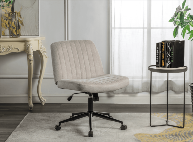 Cross Legged Office Chair, Wide Comfty Desk Chair, Fabric Vanity Home Chair,Armless Computer Task Chair With Wheels, Swivel And Height Adjustable