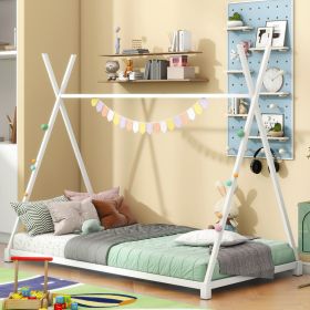 Metal Twin Size House Platform Bed With Triangle Structure, White