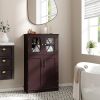 Brown Bathroom Towel Linen Cabinet with Glass Doors and Storage Shelves