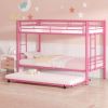 Pink Metal Twin over Twin Bunk Bed with Twin size Roll-Out Trundle Bed Frame