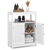 Farmhouse Bathroom Linen Cabinet with Louvered Doors and Open Shelf in White