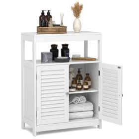 Farmhouse Bathroom Linen Cabinet with Louvered Doors and Open Shelf in White