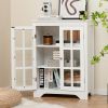 White Bathroom Storage Linen Cabinet with Adjustable Shelves and Glass Doors