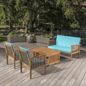 Outdoor Acacia Wood Sofa Set With Water Resistant Cushions, 4-Pcs Set, Brown Patina   Teal