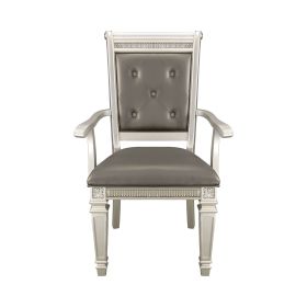 Modern Glam Silver Finish Dining Furniture Set of 2 Armchairs Gray Faux Leather Upholstered Wooden Dining Room Furniture