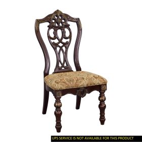 Formal Traditional Dining Chairs 2pc Set Dark Cherry Finish with Gold Tipping Jacquard Fabric Upholstered Extravagant Carving Dining Room Furnitu