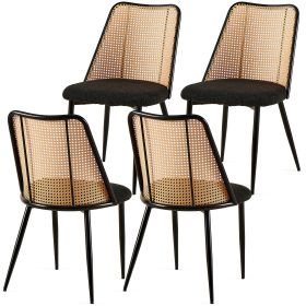 Black Rattan Dining Chairs Set of 4,Boucle Chairs with Natural Cane Back, Upholstered Dining Room Kitchen Chair for Dining Room Kitchen, Living Room