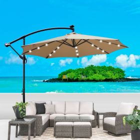 Tan 10 ft Outdoor Patio Umbrella Solar Powered LED Lighted Sun Shade Market Waterproof 8 Ribs Umbrella with Crank and Cross Base for Garden Deck
