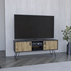 Huna Hairpin Legs TV Stand, Dual-Tone with 2 Doors and Open Shelves
