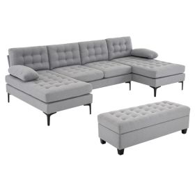 110 inch Sleeper Sectional Sofa Set with Storage Ottoman, U-Shaped 4-Seat Sofa Couch for Living Room, Light Grey