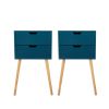 Set of 2 Nightstand with 2 Drawers, Mid Century Wood Bedside Table for Bedrooms Living Rooms, Sofa Side End Table, Blue