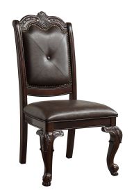 Beautiful Hand Carved Formal Traditional Dining Side Chair with Faux Leather Upholstered Padded Seat and Back Button Tufting Detail Dining Room S