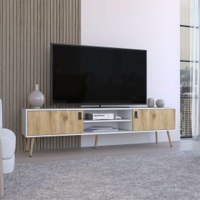 Toka TV Rack with 2 Hinged Doors and Central Shelves, White/Macadamia