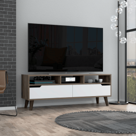Tv Stand for TVÂ´s up 52", Three Open Shelves, Two Flexible Drawers, Dark Walnut / White