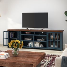 Bridgevine Home Nantucket 96 inch TV Stand Console for TVs up to 100 inches, No Assembly Requried, Blue Denim and Whiskey Finish