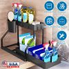 2 Pack 2-Tier Under Sink Organizer L-Shape Sliding Cabinet Organizers Storage Shelves with 8 Removable Hooks 2 Hanging Cups for Bathroom Kitchen Offic