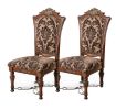 Traditional Fancy Set of 2pcs Side Chairs Brown Cherry Solid wood Intricate Carved Details Floral Design Print Fabric Seats Formal Dining Room Furnitu
