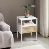 Set of 2, 15.75" Rattan End table with drawer, Modern nightstand, metal legs,side table for living room, bedroom,white