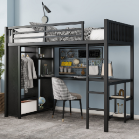 Twin XL Size Loft Bed Frame With Built-in Wardrobe, Metal Loft Bed With Desk And Storage Shelves, Black