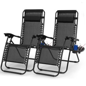 2Packs Zero Gravity Lounge Chair w/ Dual Side Tray 330lbs Load Foldable Recliner Chair w/ Stress Relief Pillow Patio Poolside Beach Lying Chair (Option: Tool2ZeroGravityChairsBlack)
