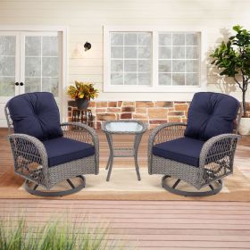 3pc Outdoor Swivel Rocker Patio Chairs 360  Rocking Set With Thick Cushions (Color: Navy Blue)
