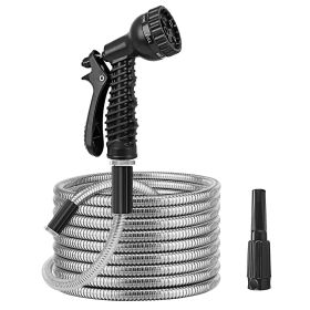 25FT/50FT/100FT Heavy Duty Stainless Steel Garden Hose Garden Watering Kit Metal Water Hose with 2 Nozzles 12 Patterns Flexible Extendable Kink Tangle (Option: MetalWaterHose50FT)