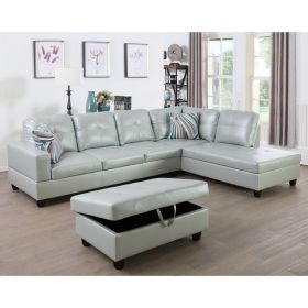 Silver Green Semi PU Synthetic Leather 3-Piece Couch Living Room Sofa Set (Color: Silver Green)