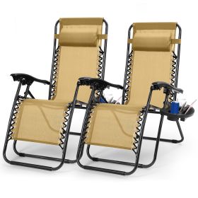 2Packs Zero Gravity Lounge Chair w/ Dual Side Tray 330lbs Load Foldable Recliner Chair w/ Stress Relief Pillow Patio Poolside Beach Lying Chair (Option: Tool2ZeroGravityChairsTan)
